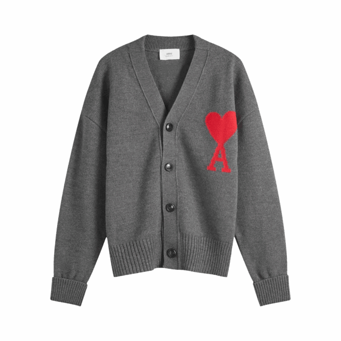 Ami Large A Heart Cardigan 'Grey/Red'